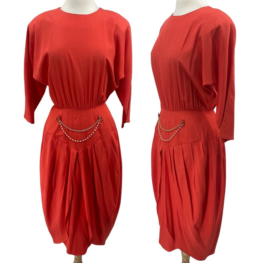 Vintage 80s Midi Sheath Dress Dolman Sleeve Pearl Chain Waist Coral Gold Small